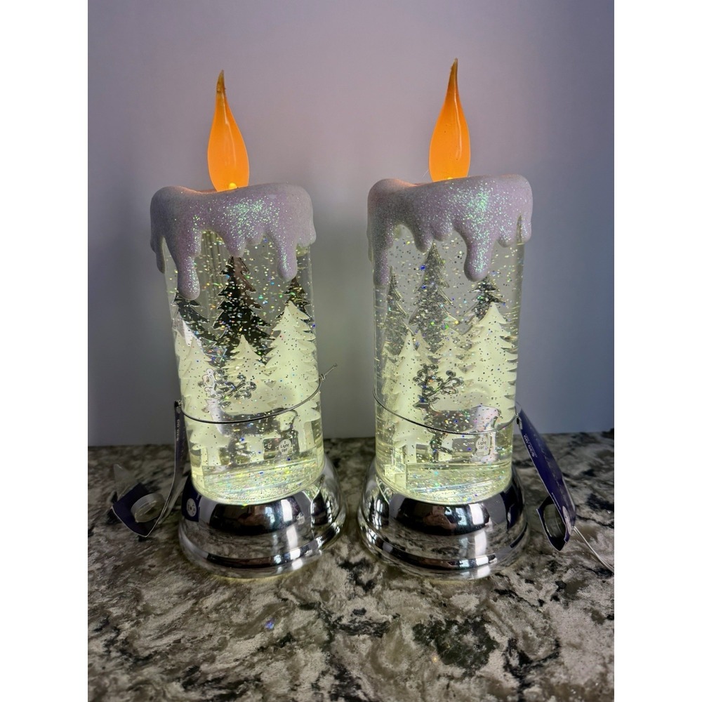 2 Robert Stanley Christmas Light Up Candle Flameless LED Glitter Snow Globe Deer